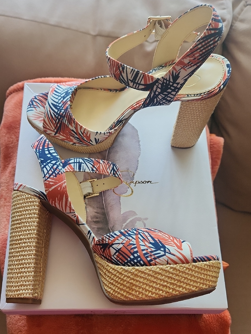 Jessica Simpson Coral & Navy Tropical Platform Sandals